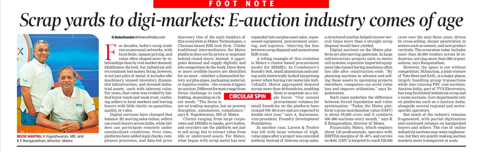 Discover Matex Technologies' media coverage and press features. Pioneering B2B e-auctions, surplus asset disposal, and digital procurement solutions transforming India's circular economy.